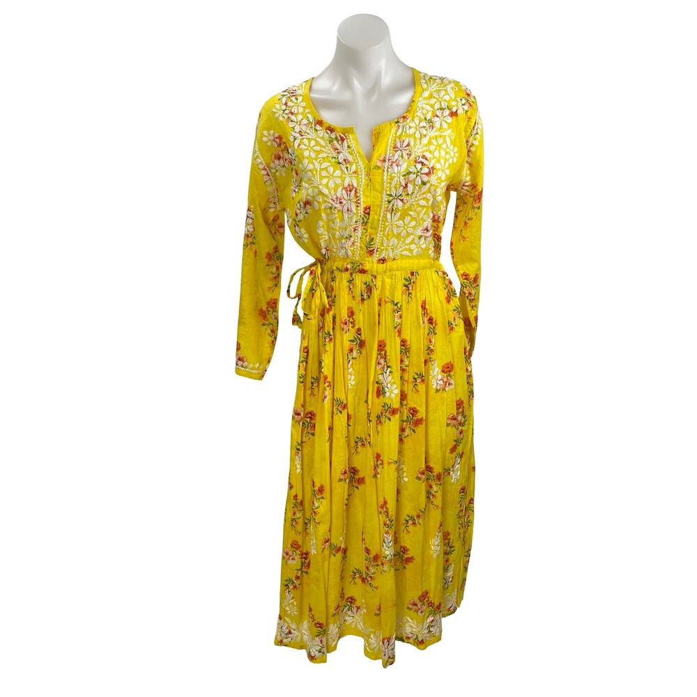 Women's Yellow Floral Embroidered 3/4Sleeve Anarkali Ethnic Maxi A-Line Dress 38